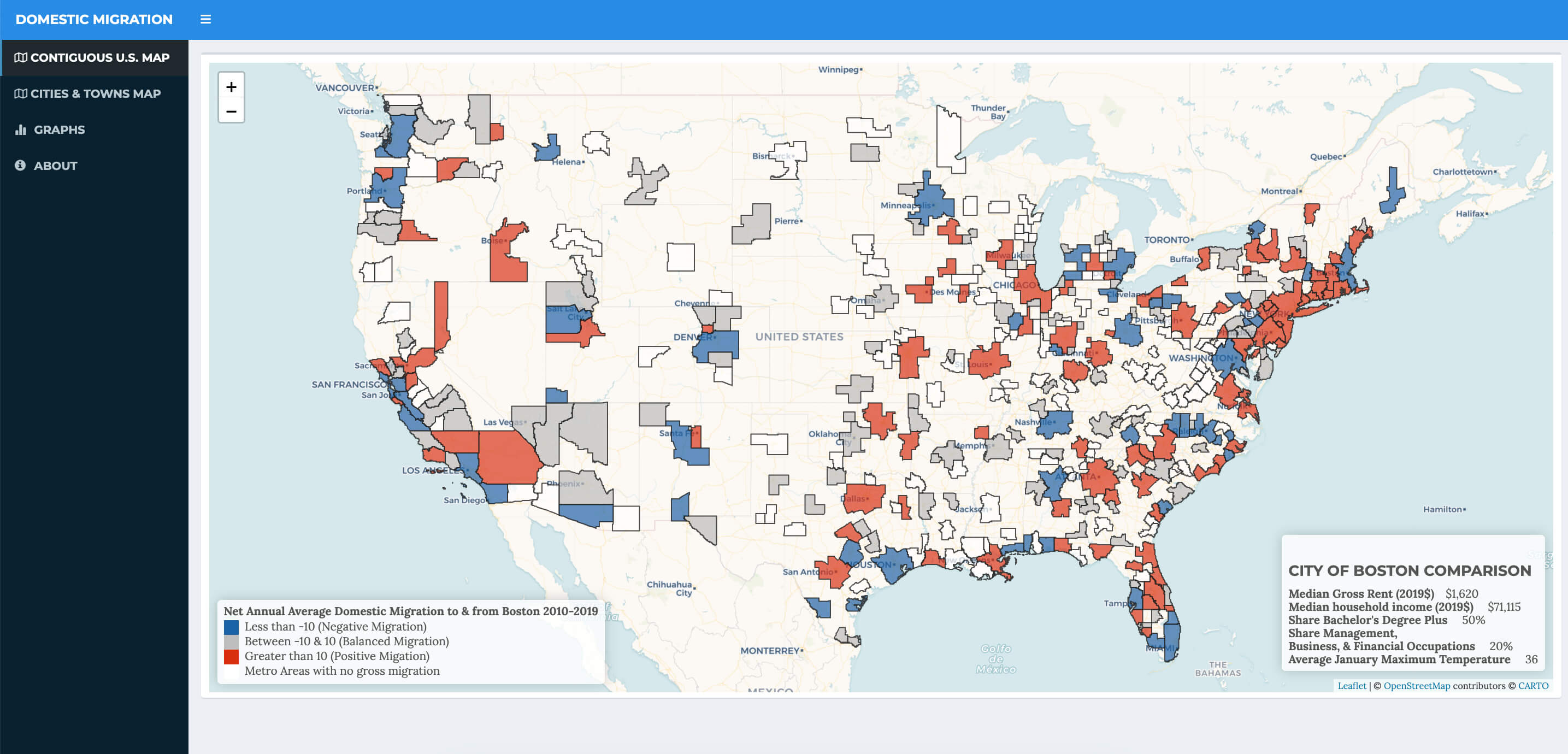 The Domestic Migration Map is an interactive tool designed to assist readers in understanding pre-pandemic migration flows into and out of Boston.